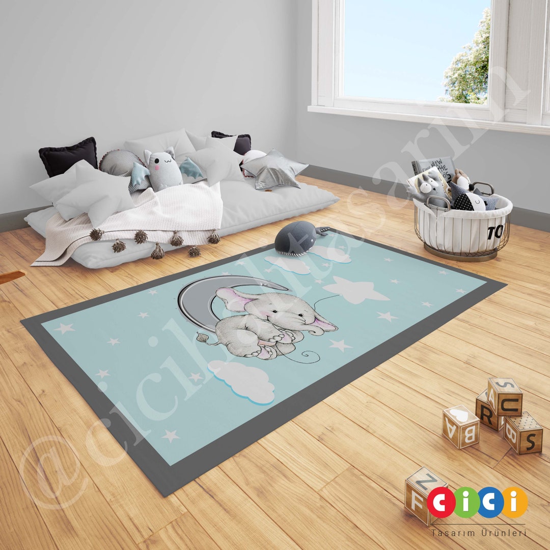Elephant Rug, Clouds, Halfmoon Rug, Baby Boy and Girl Kids Room Rug