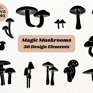 Puede incluir: Un conjunto de 30 ilustraciones en silueta de color negro y blanco de setas mágicas. Las ilustraciones son de diversas formas y tamaños, incluyendo setas individuales, grupos de setas y setas con tallos.