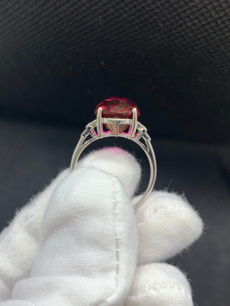 Natural 10x10mm All Clean Ruby Red Topaz Firework Cocktail Statement Gemstone Adjustable Ring Sterling Silver 18K White Gold Plate November