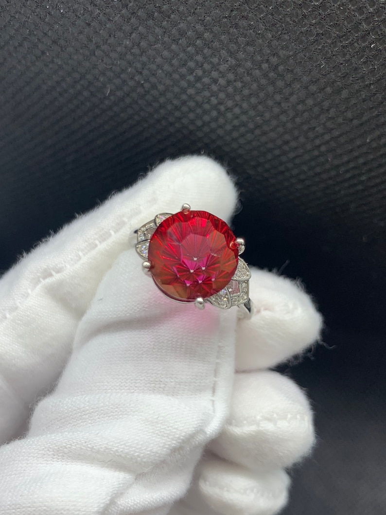 Natural 10x10mm All Clean Ruby Red Topaz Firework Cocktail Statement Gemstone Adjustable Ring Sterling Silver 18K White Gold Plate November