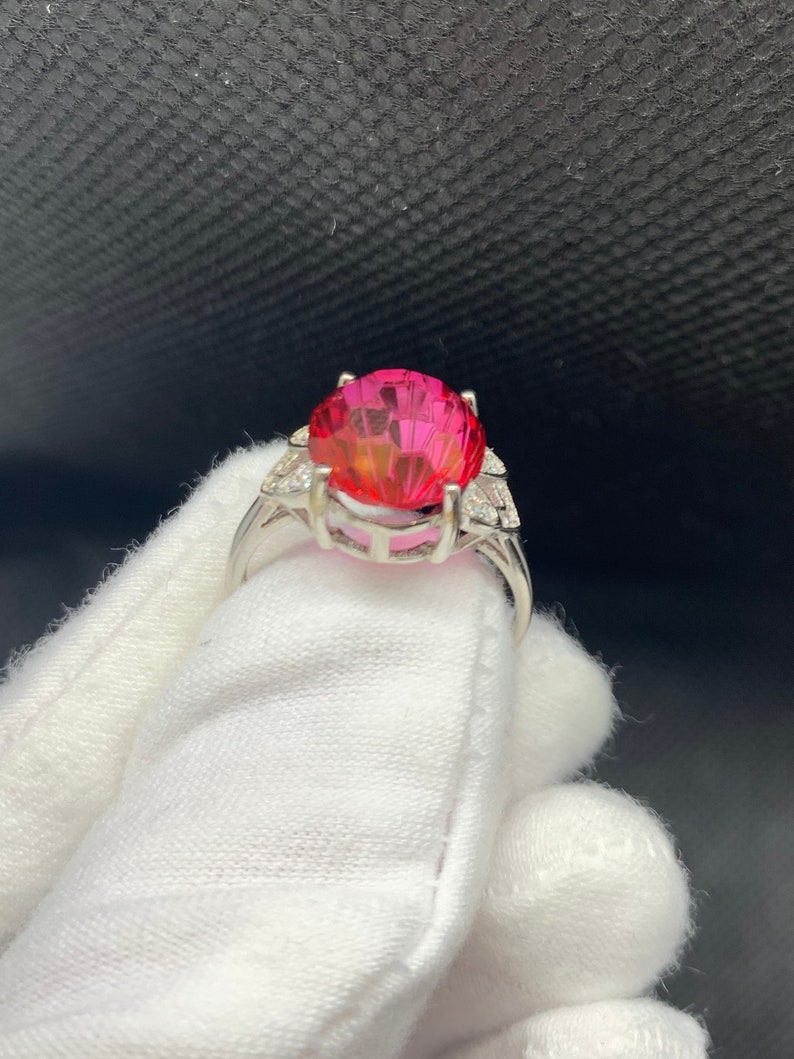 Natural 10x10mm All Clean Ruby Red Topaz Firework Cocktail Statement Gemstone Adjustable Ring Sterling Silver 18K White Gold Plate November