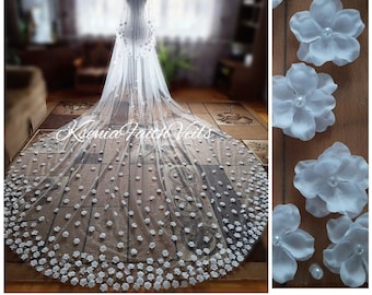 3D flowers bridal veil with pearls Two-tier veil Royal veil