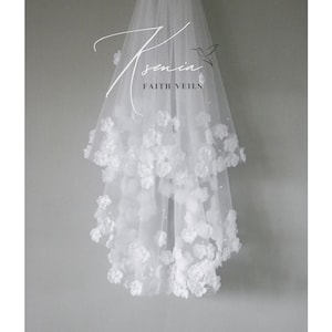 Flowers bridal veil with pearls Two-tier floral veil with blusher Veil with scattered pearls and flowers Wedding veil with 3D flowers