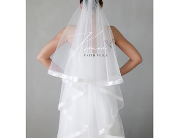 Veil with satin ribbon, two tiers with blusher, soft tulle, on the comb