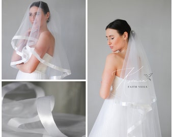 Veil with satin ribbon edge Two tier classic wedding veil Bridal veil with blusher Veil with comb Light elegant tulle veil Knee length veil