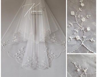 Floral veil with beads Scalloped edge veil Two tier veil Hand beaded veil Unique wedding veil Cathedral veil with blusher Cascading veil