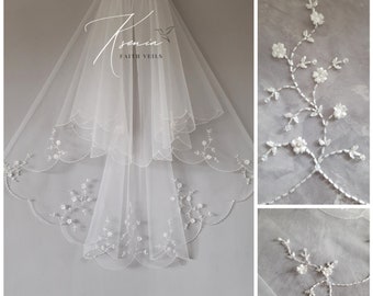 Floral veil with beads Scalloped edge veil Two tier veil Hand beaded veil Unique wedding veil Cathedral veil with blusher Cascading veil