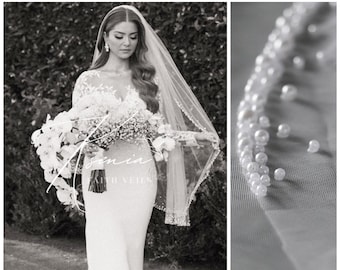 One tier pearl veil Fingertip wedding veil Pearl trim veil Handmade bridal veil Pearl accent veil Delicate pearl veil Scattered pearl veil