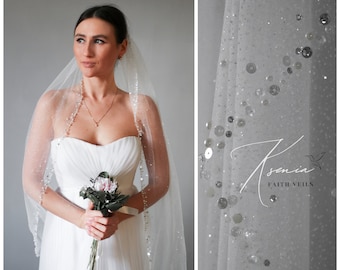 Bridal veil with pearls, rhinestones, crystals, sequin edging Veil 3m Cathedral wedding veil sparkle trim Royal length veil Extra long veil