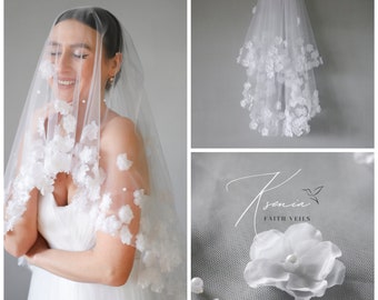 3D flowers bridal veil with pearls Two-tier veil Short veil