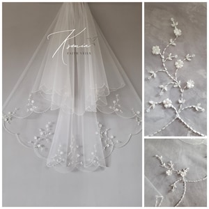 Floral veil with beads Scalloped edge veil Two tier veil Hand beaded veil Unique wedding veil Cathedral veil with blusher Cascading veil