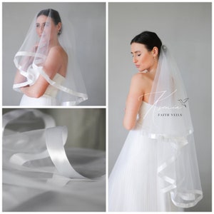 Veil with satin ribbon edge Two tier classic wedding veil Bridal veil with blusher Veil with comb Light elegant tulle veil Knee length veil