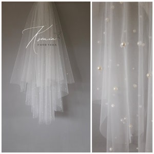 Pearl veil Two tier puffy veil Scattered pearl wedding veil Bridal veil with comb Pearl veil with blusher Simple pearl veil Tulle pearl veil