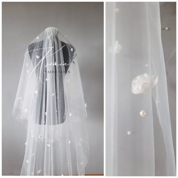 3d floral veil with pearls Two tier wedding veil Bridal veil with comb Blusher veil Scattered pearl veil Unique veil Pearl and flower veil