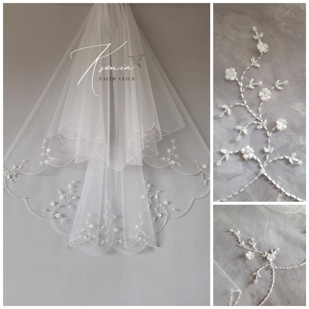 Floral Veil With Beads Scalloped Edge Veil Two Tier Veil Hand Beaded