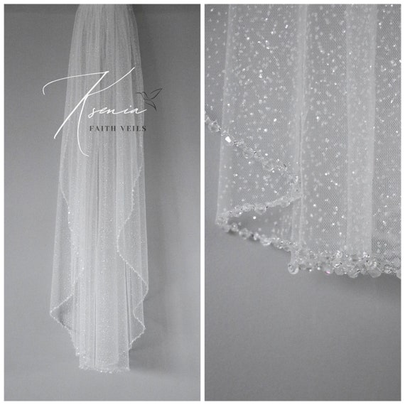 Crystal veil Glitter fingertip veil Sparkly cathedral veil Bridal veil with crystals One tier veil with lettering Mid length veil