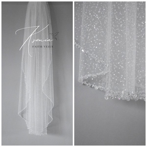 Crystal veil Glitter fingertip veil Sparkly cathedral veil Bridal veil with crystals One tier veil with lettering Mid length veil