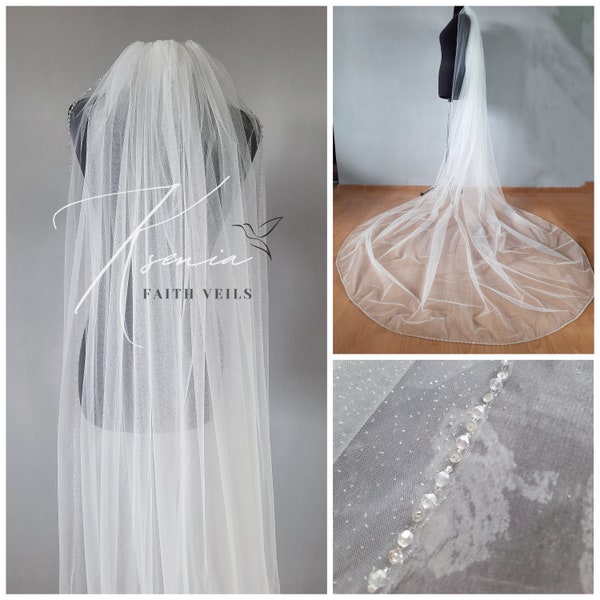 Glitter veil with сrystals Wide sparkly veil One tier cathedral veil Royal veil Handmade long bridal veil with comb 118" wide wedding veil