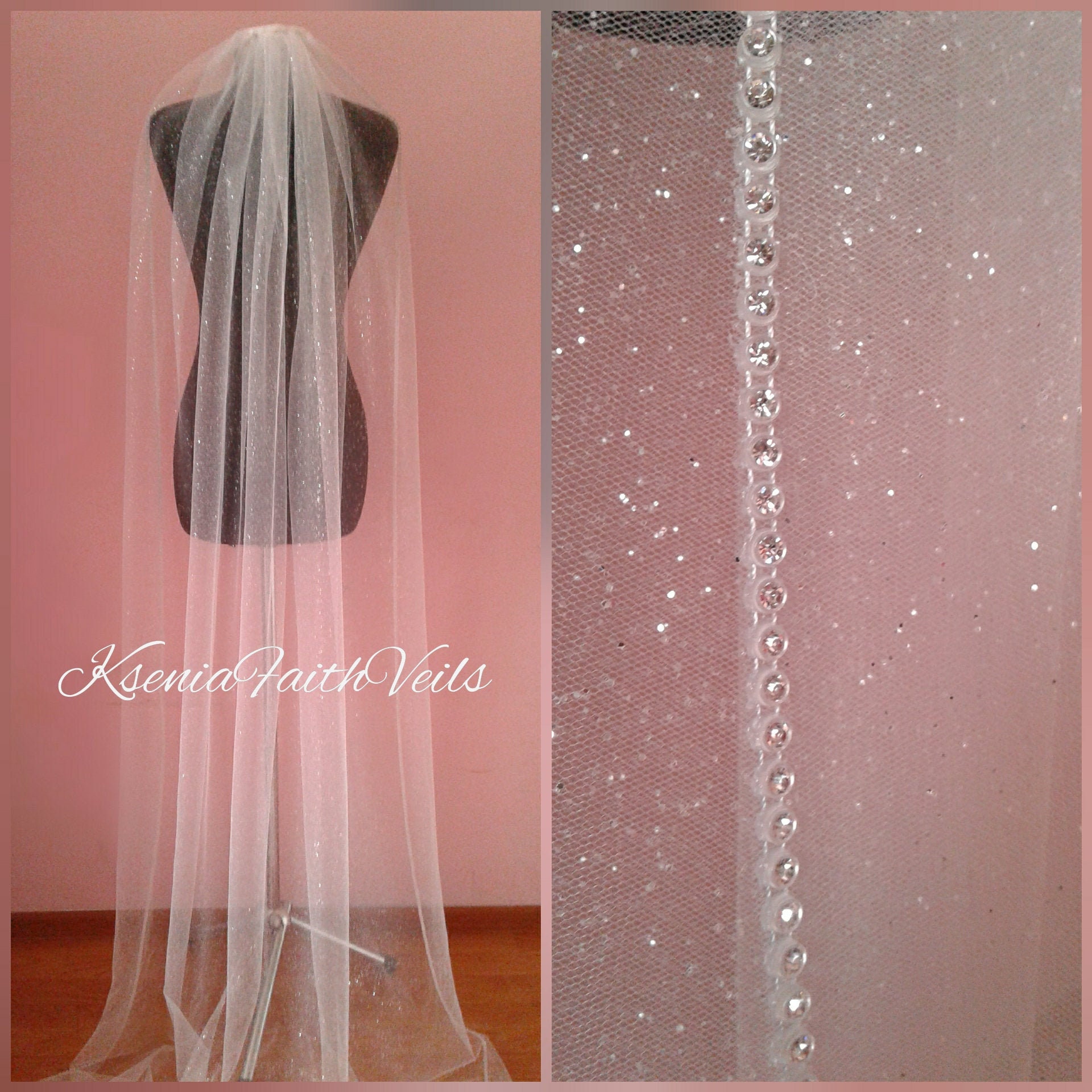 Glitter veil with rhinestone edging Sparkling cathedral veil