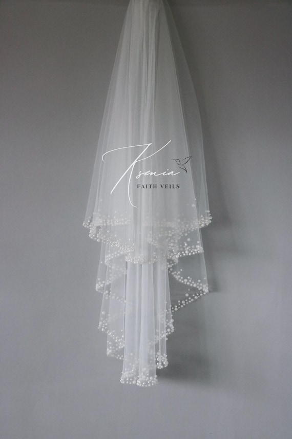 Pearl veil Two tier veil Pearl veil with blusher Cascading pearl veil Medium length bridal veil with pearls Pearl trim veil Handmade veil