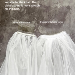 May include: Two bridal veils with different comb types. One veil has a silver metal comb, and the other has a transparent plastic comb. Text advises the metal comb is for thick hair, and the plastic comb is for thin hair.