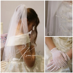 First communion veil Handmade communion veil with crystals Holy communion veil with gloves Confirmation veil with a cross Catholic veil