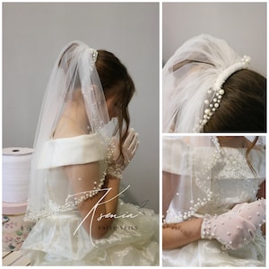 First communion veil with pearls trim Handmade communion veil Holy communion veil with gloves Confirmation veil Girl&#39;s Catholic veil