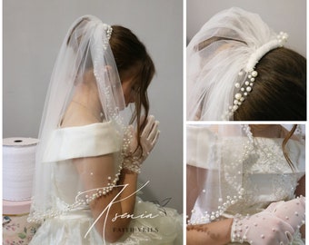 First communion veil with pearls trim Handmade communion veil Holy communion veil with gloves Confirmation veil Girl's Catholic veil