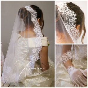 Lace communion veil Handmade first communion veil Holy communion veil with gloves Confirmation veil Flower girl veil Catholic veil for girl
