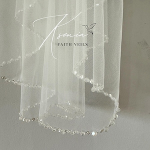 Waterfall wedding veil with сrystals Fingertip veil with sparkle edge Blusher veil with comb Two tiers bridal veil Crystal edge soft veil image 7
