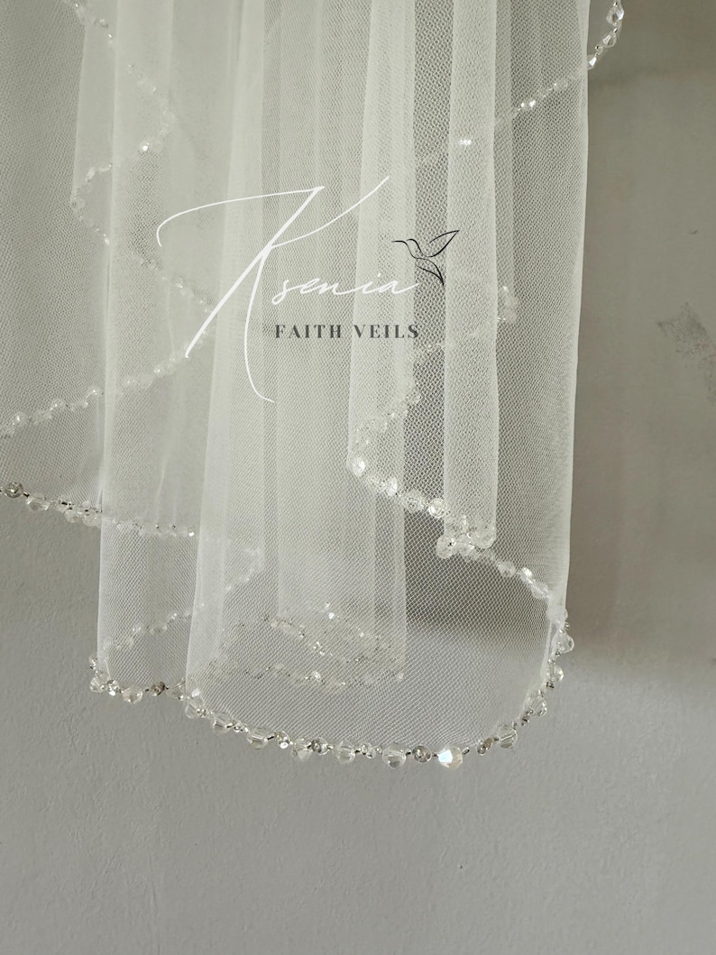 Waterfall wedding veil with сrystals Fingertip veil with sparkle edge Blusher veil with comb Two tiers bridal veil Crystal edge soft veil image 7