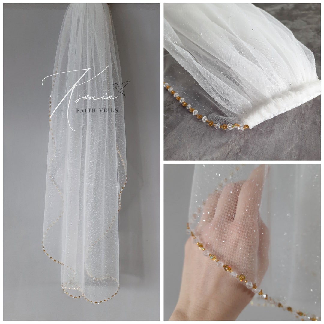 Gold Veil One Tier Sparkly Fingertip Veil Gold Sequin Wedding Etsy