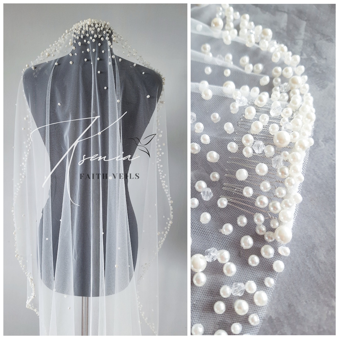 Pearls and Crystals Mantilla Veil Chapel Wedding Veil Pearl Trim Veil