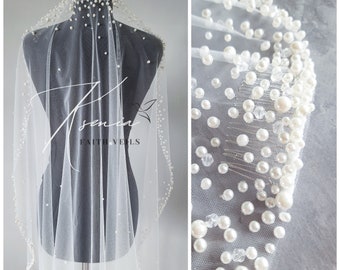 Pearls and crystals mantilla veil Chapel wedding veil Pearl trim veil Handmade bridal veil with comb Pearl accent veil Scattered pearl veil