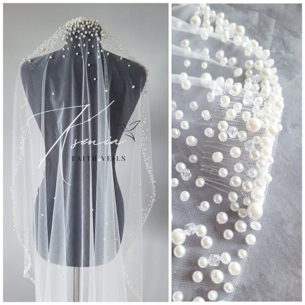 Pearls and crystals mantilla veil Chapel wedding veil Pearl trim veil Handmade bridal veil with comb Pearl accent veil Scattered pearl veil