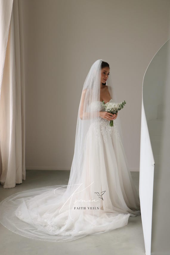 Sparkling Ivory Wedding Veil | Cathedral Length One Tier | Glitter | Metal Comb Sparkling Crystal Wedding Veil: Long One-tier Cathedral Veil  main image 2