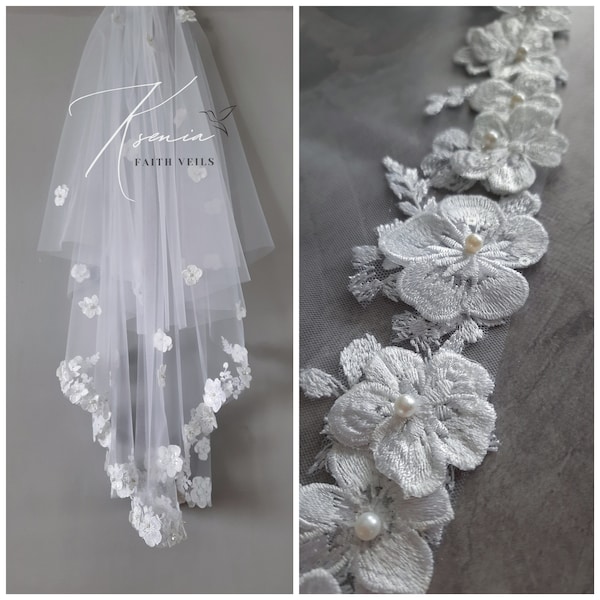 Lace veil 3d flower veil Two tier veil Lace and pearl veil Unique wedding veil Blusher wedding veil Bridal veil with comb Floral veil