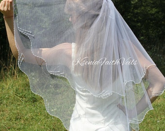 Veil with beading edge and crystals Two tiers handmade veil