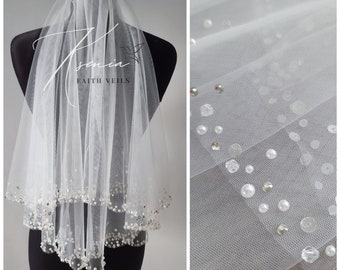 Short wedding veil with pearls, crystals, rhinestones, sequins Two tier elbow length veil Small veil for bride Shoulder, waist length veil