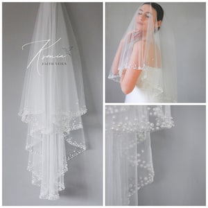Pearl veil Two tier veil Pearl veil with blusher Cascading pearl veil Medium length bridal veil with pearls Pearl trim veil Handmade veil