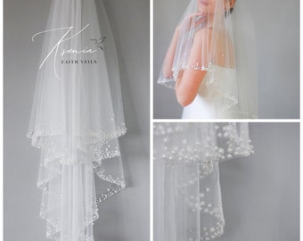 Pearl veil Two tier veil Pearl veil with blusher Cascading pearl veil Medium length bridal veil with pearls Pearl trim veil Handmade veil