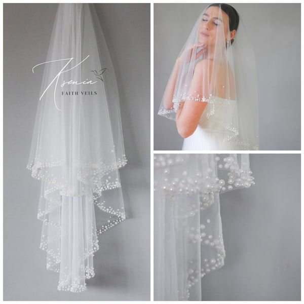 Pearl veil Two tier veil Pearl veil with blusher Cascading pearl veil Medium length bridal veil with pearls Pearl trim veil Handmade veil