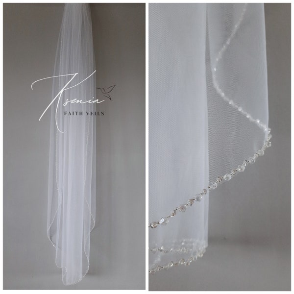 Veil with сrystal edge One tier handmade veil Angel cut veil Waltz veil Crystal drop veil Bridal veil Wedding veil sparkle lining cathedral