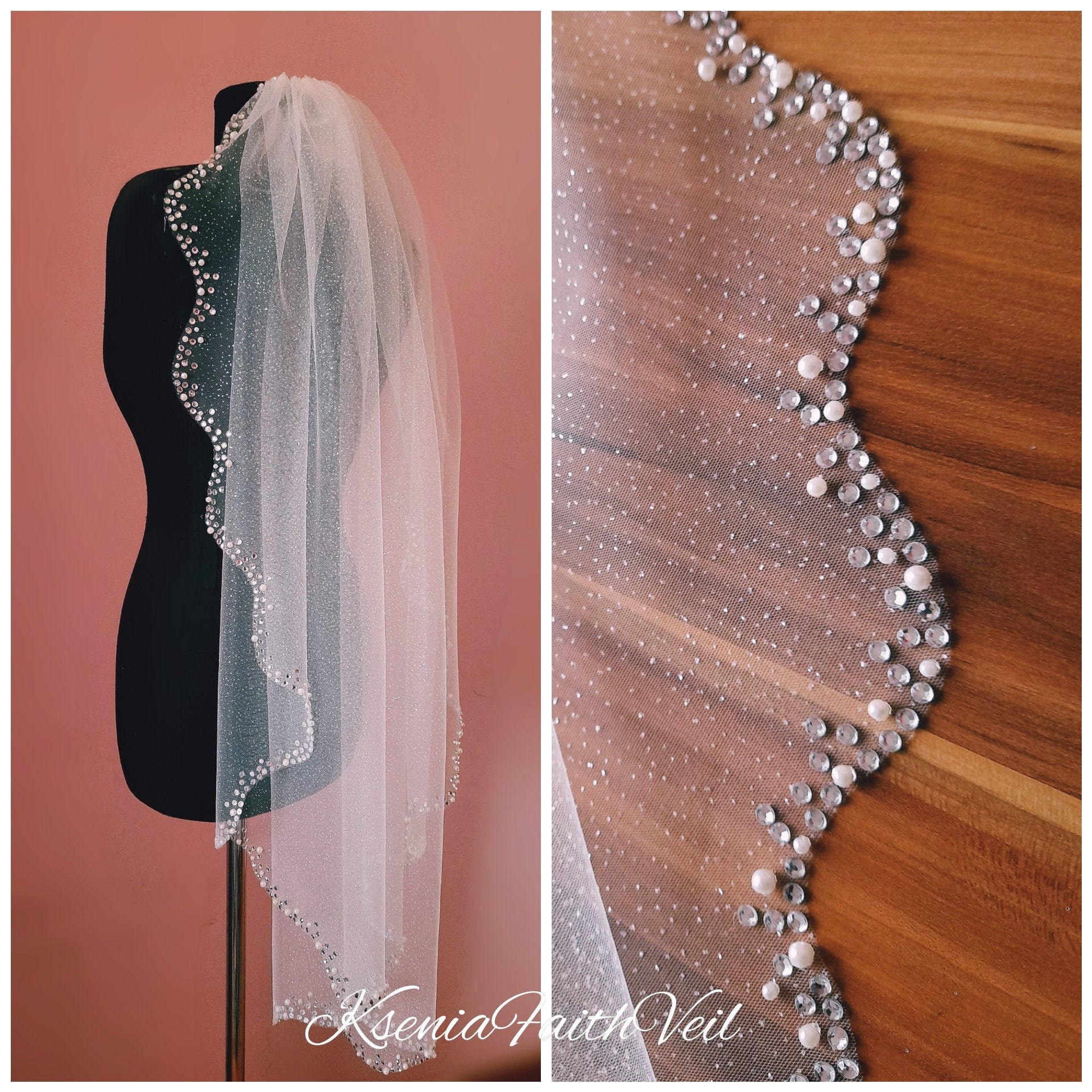 Glitter veil with scalloped edge Veil with pearls and Etsy