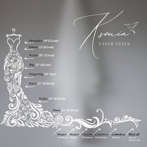 May include: A diagram of a wedding dress with measurements in inches and centimeters. The dress is white with floral detailing. Text includes "Ksenia Faith Veils" and measurements for shoulder, elbow, waist, hip, fingertip, knee, waltz, and floor.