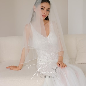 Waterfall wedding veil with сrystals Fingertip veil with sparkle edge Blusher veil with comb Two tiers bridal veil Crystal edge soft veil image 12