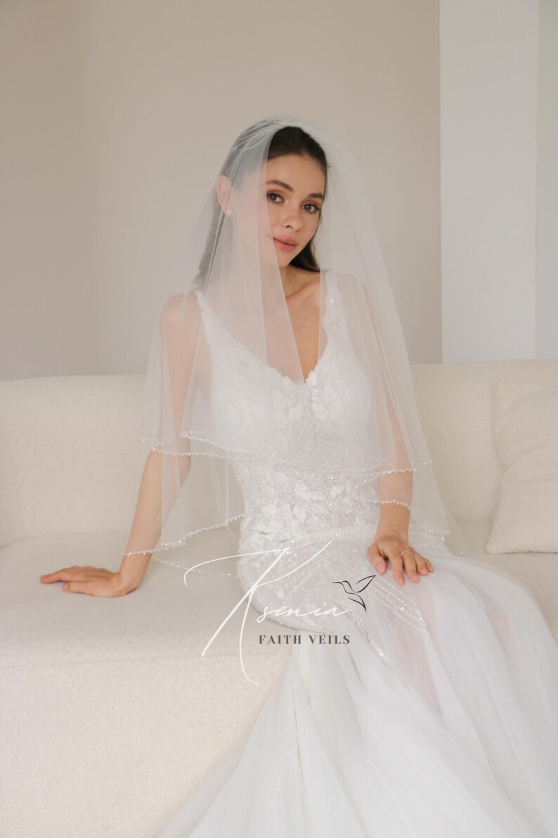 Waterfall wedding veil with сrystals Fingertip veil with sparkle edge Blusher veil with comb Two tiers bridal veil Crystal edge soft veil image 12