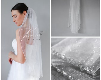 Crystal veil Glitter fingertip veil Sparkly cathedral veil Veil with crystals Angel cut veil Veil with lettering Mid length veil 1 tier veil