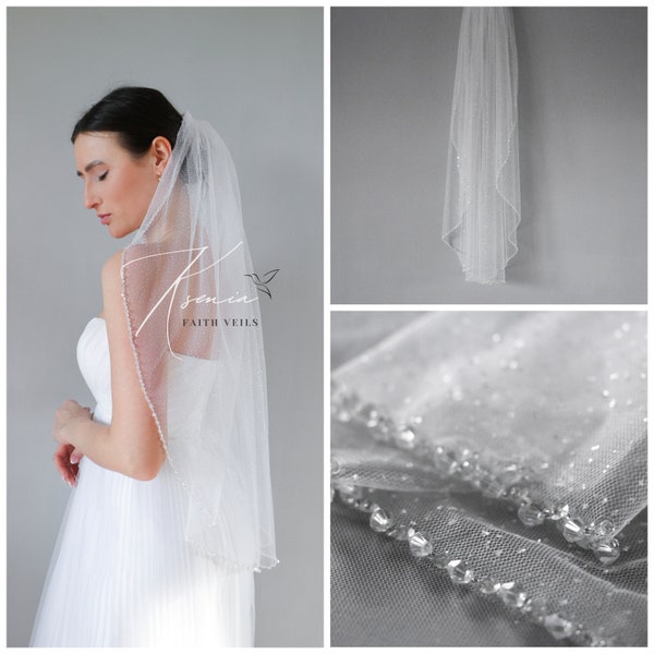 Crystal veil Glitter fingertip veil Sparkly cathedral veil Veil with crystals Angel cut veil Veil with lettering Mid length veil 1 tier veil