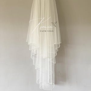 Waterfall wedding veil with сrystals Fingertip veil with sparkle edge Blusher veil with comb Two tiers bridal veil Crystal edge soft veil image 4